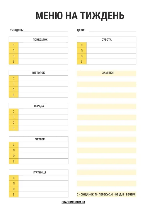weekly menu template sheet for printout